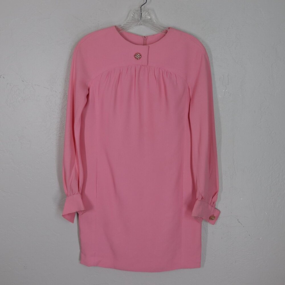 Vintage 60s Jane Andre Shift Dress Hot Pink Long Sleeve Crystal Ball Buttons